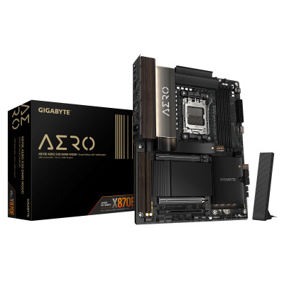 X870E AERO X3D DARK WOOD Placa Base  Compatible con CPUs AMD Ryzen 9000, VRM digital de 16+2+2 fases, hasta 9000 Hz DDR5 (OC), 2x PCIe 5.0 + 2x PCIe 4.0, Wi-Fi 7, LAN 5 GbE, USB 4