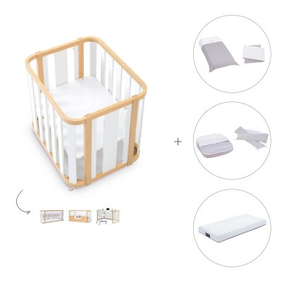 Minicuna-cuna (4en1) madera/blanca + colchón + textil Carezza · Crea Plus Tre Life