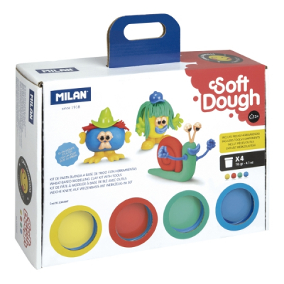 Milan Soft Dough Pack de 4 Botes de Pasta Blanda - Maletin con Herramientas - 116g por Unidad - 100% Vegetal - Moldeable - Sin Residuos - Colores Mezclables - Tematica Caras Divertidas