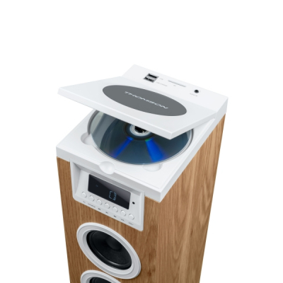Thomson DS121CD Torre de Sonido Bluetooth 30W, Radio FM, USB, Reloj Digital, Diseño Madera/Blanco
