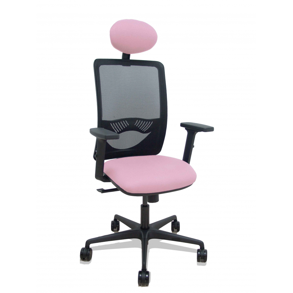 Silla Zulema sincro malla negra asiento bali rosa brazos 2D ruedas 65mm cabecero