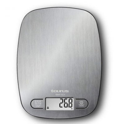 BÁSCULA DE COCINA TAURUS EASY INOX - VISOR RETRO ILUMINADO - PRECISIÓN 1G - PESO MÁXIMO 5KG - FUNCIÓN TARA - OPCIÓN DE COLGAR EN LA PARED