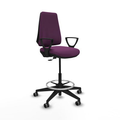 Taburete Elche CP similpiel morado brazos fijos base piramidal ruedas 65mm engomadas