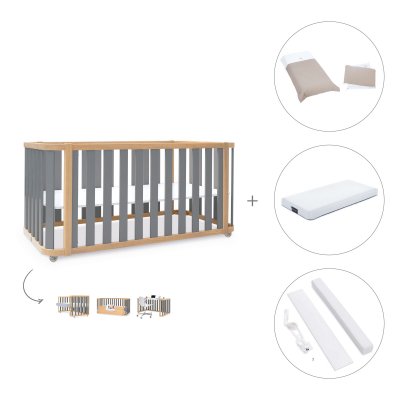 Cuna-cama colecho 70x140 cm madera/gris (4en1) + colchón + textil Arena · Crea Plus Due Antracita