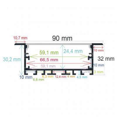 Perfil LED para empotrar de 90x32 mm