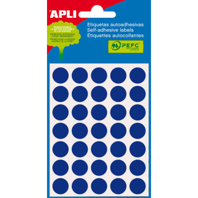 Apli Minibolsa de 175 Etiquetas Redondas Ø 13.0mm - 5 Hojas por 35 Etiquetas - Adhesivo Permanente - Aptas para Escritura con Lapiz, Boligrafo y Rotulador - Color Azul