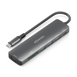 AISENS - USB-C DOCK 7 EN 1, USB-C A 1xHDMI, 3xUSB-A, 1xUSB-C PD 100W, 1xSD, 1xMICRO SD, GRIS, 15CM