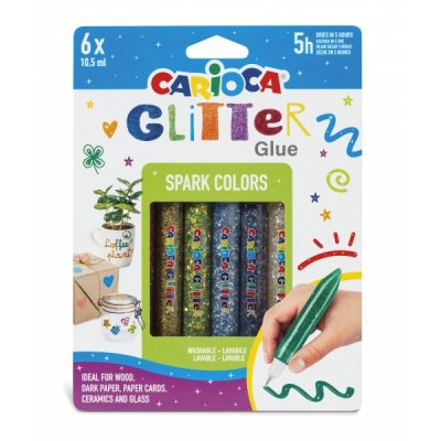 Carioca Glitter Glue Base Blister de 6 Tubitos de Cola de Color - Efecto Glitter - Aplicacion Directa - Secado en 30 Minutos - Color Varios