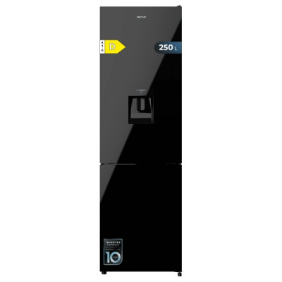 Cecotec Bolero CoolMarket Combi 250 WD Black Glass D Frigorifico Combi - Capacidad 250L - Compresor Inverter - Puerta de Cristal - Dispensador de Agua - Frio Envolvente - 54x57.6x180cm - Color Negro