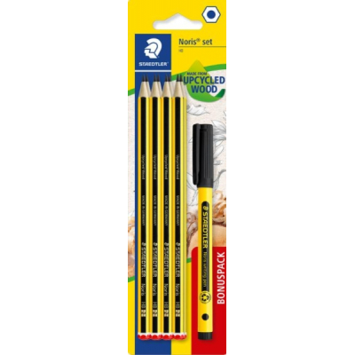 Staedtler Noris 120 Pack con 8 Lapices de Grafito Hexagonales HB + 1 Fineliner Noris Writing Pen 307 Negro - Resistencia a la Rotura - Madera de Bosques Sostenibles