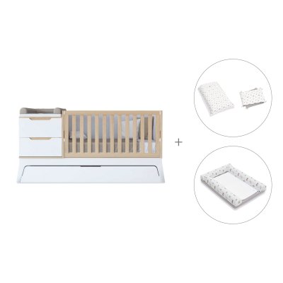 Cuna convertible blanco/madera 70x140 cm con cama nido + textil Taiga · Zen K460