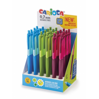 Carioca Expositor de 24 Portaminas Automaticos - Punta Mina de Ø 0.7mm - Descenso de la Mina Automatico - Empuñadura Antibacteriana - Kit de Carga con 20 Minas - Color Varios