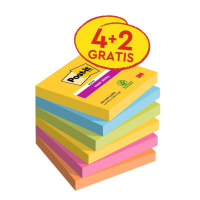 Post-It Super Sticky Pack de 6 Blocs de 90 Notas Adhesivas Reposicionables - Forma Cuadrada - 76x76mm - Colores Surtidos