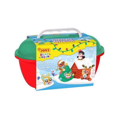 Jovi Play & Fun Cofre Christmas Adventure con 24 Barras de Plastilina 15gr + Modeladores + Recortables - Sin Gluten - Base Vegetal - No se Seca - Colores Surtidos