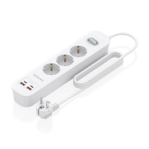 AISENS - REGLETA DE ENCHUFES MULTIFUNCION CON 3 TOMAS + CARGADOR PD3.0 20W 2xUSB-C, 2xUSB-A, 1.4M, BLANCO