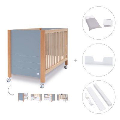 Cuna-escritorio madera/azul (5en1) 60x120 cm + textil Carezza · Ombra