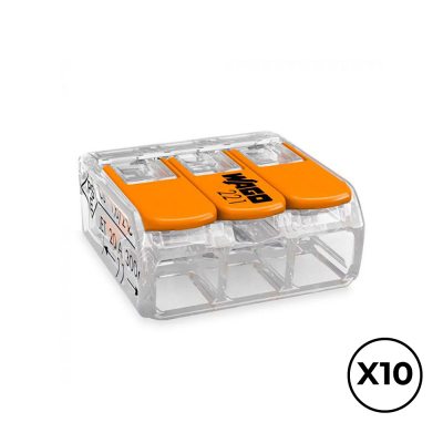 Conector rápido con palanca 3 vias, ø maximo 4 mm², 450 v , 32 a transparente 18,8 x 18,6 x 8,4 mm, 10 uds