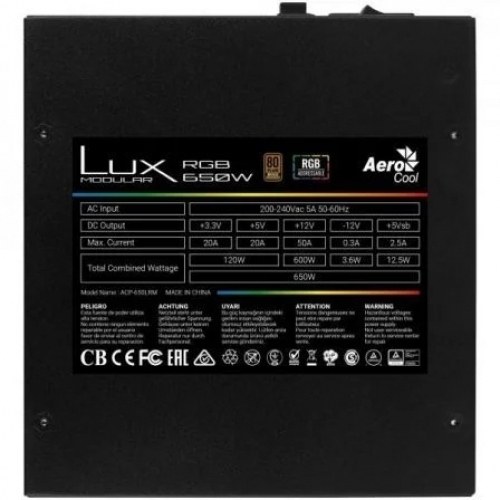 Fuente de Alimentación Aerocool LUX RGB 650M/ 650W/ Ventilador 12cm/ 80 Plus Bronze