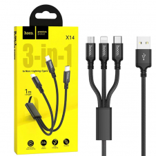 Hoco Cable X14 3 in 1 Super Charging Cable (Ip+Type-c+Micro) Black