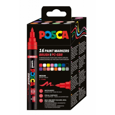 Posca PC-5BR Caja con 16 Marcadores de Pintura - Punta Brush 1-4mm - Tinta Base al Agua - Resistente a la Luz - No Permanente - Colores Surtidos