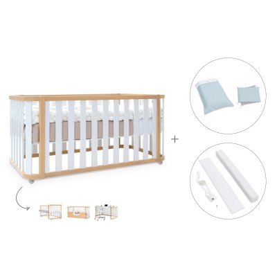 Cuna-cama colecho madera/blanca 70x140 cm (4en1) + textil Mint · Crea Plus Due Life