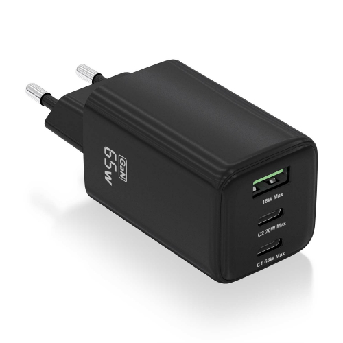 AISENS - CARGADOR GaN 65W, 2xUSB-C PD3.0 QC4.0, 1xUSB-A QC3.0, NEGRO