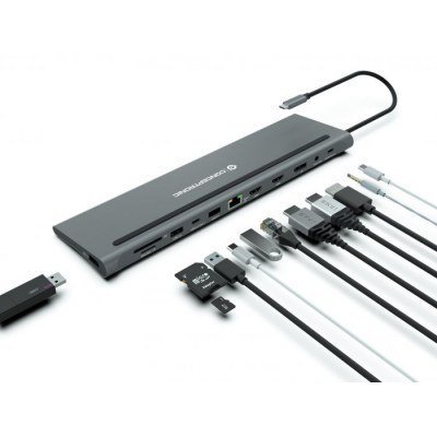 ADAPTADOR USB-C 12IN1 CONCEPTRONIC HDMIx2 DISPLAYPORT GIGABIT USB-C DATOS USB-A AUDIO LAN LECTOR TARJETAS DONN17G