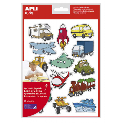 Apli Bolsa de Gomets Tematicos Transportes - 45 Gomets en 3 Hojas - Ilustraciones Divertidas para Enriquecer Vocabulario y Habilidades Motoras - Adhesivo Removible - Adhesivo Base Agua - Libre de Diso