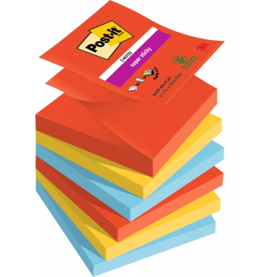 Post-It Super Sticky Pack de 6 Blocs de 90 Notas Adhesivas Reposicionables - Forma Cuadrada - 76x76mm - en Zig-Zag - Colores Surtidos