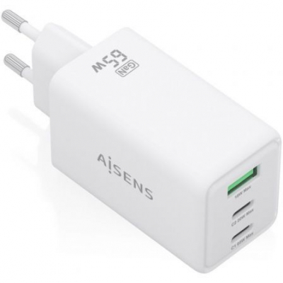 Cargador de Pared GaN Aisens ASCH-65W3P072-W/ 2xUSB Tipo-C/ 1xUSB/ 65W/ Blanco