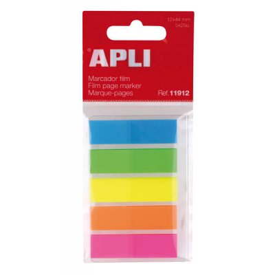 Apli Indices Adhesivos Film 45x12mm 5 Colores Fluorescentes - 25 Indices por Color - Facil de Pegar y Despegar - Ideal para Marcar y Organizar - Practico Tamaño - Color Variado