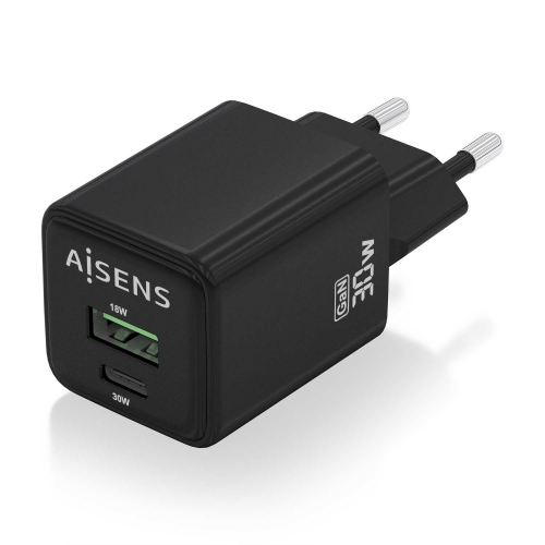 AISENS - CARGADOR GaN 30W, 1xUSB-C PD3.0 QC4.0, 1xUSB-A QC3.0, NEGRO