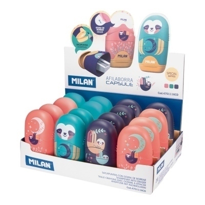 Milan Capsule Cuddles Expositor de 16 Afilaborras - Cuchilla de Acero - Goma de Borrar - Cuchilla de Seguridad - Colores Surtidos