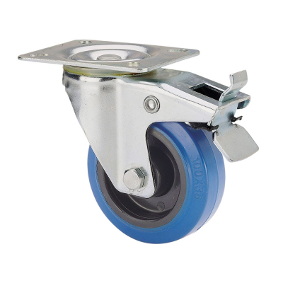Rueda giratoria de goma con placa, eje de rodillos y freno, color azul, carga máx. 80 kg, ø 8 cm