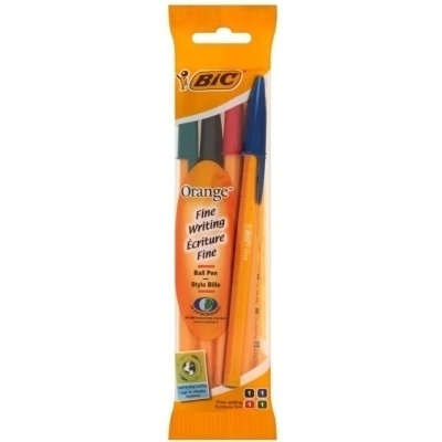 Bic Orange Original Fine Pack de 4 Boligrafos de Bola - Punta Redonda de 0.8mm - Trazo de 0.3mm - Tinta con Base de Aceite - Cuerpo Naranja - Colores Surtidos