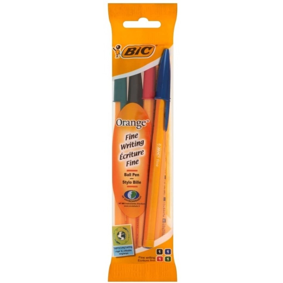 Bic Orange Original Fine Pack de 4 Boligrafos de Bola - Punta Redonda de 0.8mm - Trazo de 0.3mm - Tinta con Base de Aceite - Cuerpo Naranja - Colores Surtidos