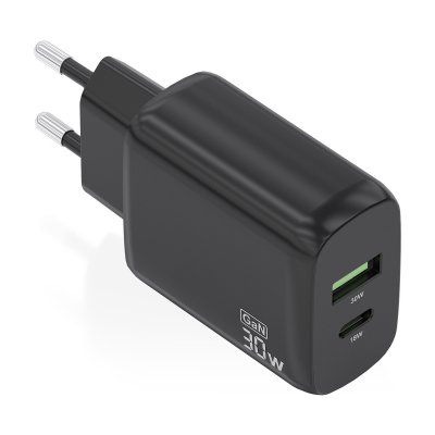 AISENS - CARGADOR GaN 30W, 1xUSB-C PD3.0 QC4.0, 1xUSB-A QC3.0, NEGRO