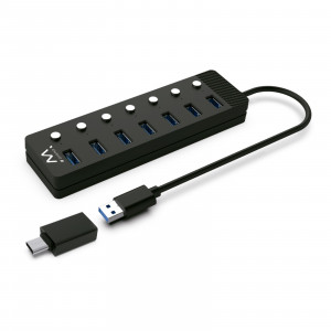 EWENT HUB USB Y USB-C DE 7 PUERTOS CON INTERRUPTOR INDIVIDUAL Y ALIMENTADOR DE CORRIENTE
