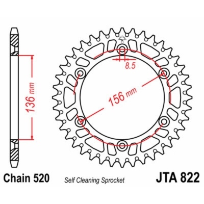 Corona JT SPROCKETS aluminio ultraligera autolimpiable 822 - Paso 520 JTA822.52