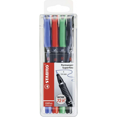 Stabilo OHPen Pack de 4 Rotuladores Permanentes - Punta Superfina - Trazo de 0.4mm - Agarre Antideslizante - Tapon Ventilado - Colores Surtidos