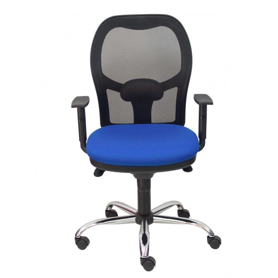 Silla Jorquera malla negra asiento bali azul brazos regulables base cromada