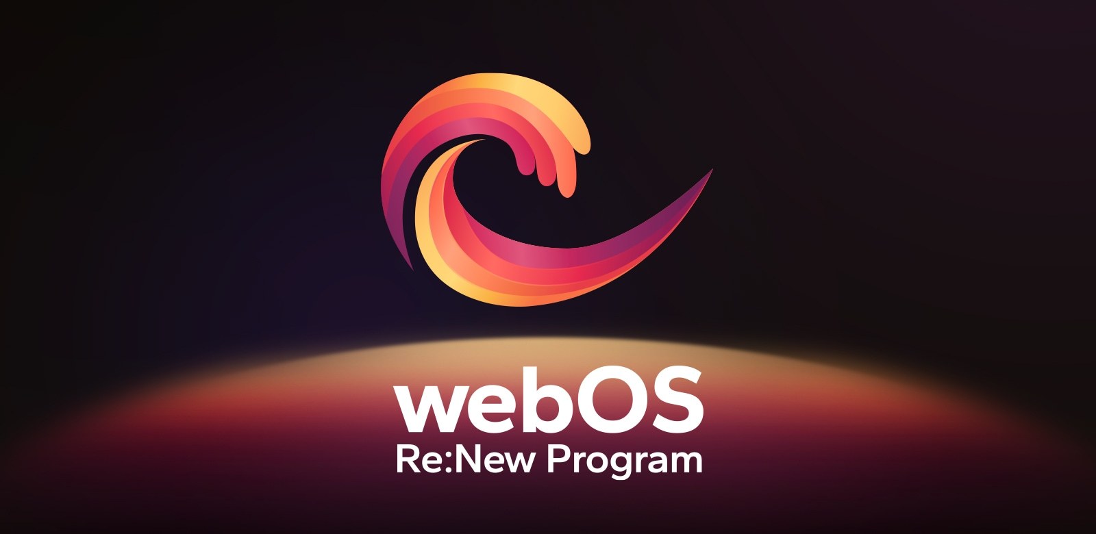 El logotipo de webOS Re:New Program aparece sobre un fondo negro con una esfera circular amarilla y naranja y morada en la parte inferior.