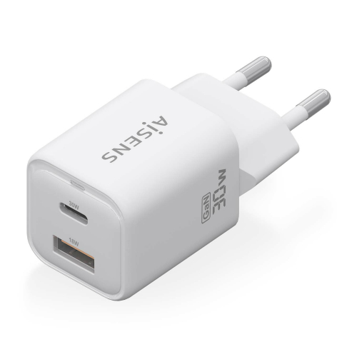 AISENS - CARGADOR GaN 30W, 1xUSB-C PD3.0 QC4.0, 1xUSB-A QC3.0, BLANCO