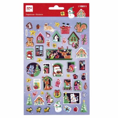 Apli Bolsa con 52 Pegatinas Navideñas Modelo Adviento Casa - Adhesivo Permanente - Motivos Navideños - Ideal para Decorar Regalos y Tarjetas