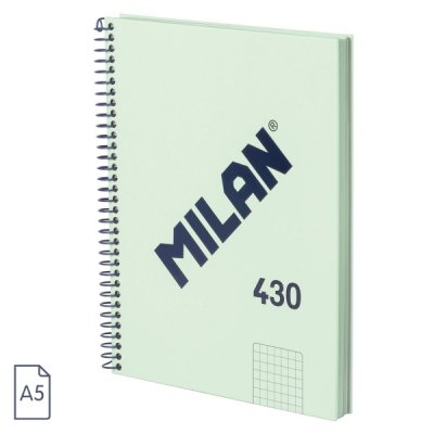 Milan Serie 1918 Cuaderno Espiral Formato A5 Cuadricula 5x5mm - 80 Hojas de 95 gr/m2 - Microperforado, 2 Taladros - Color Verde