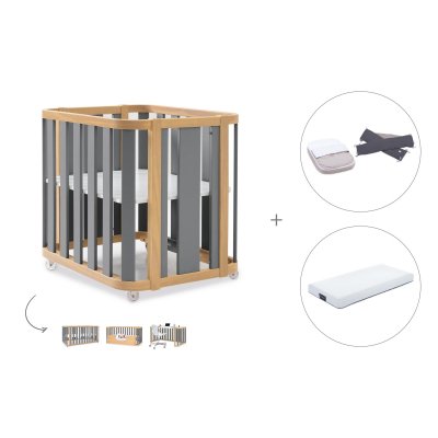 Minicuna-cuna (4en1) madera/gris + colchón + textil minicuna Stone grey · Crea Plus Tre Antracita