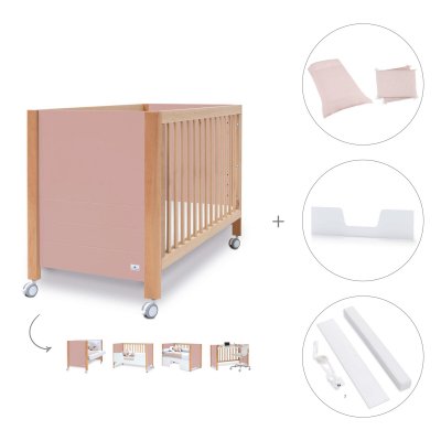 Cuna-escritorio madera/rosa (5en1) 60x120 cm + textil Cremarosa · Ombra