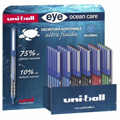 Uni-ball Eye Ocean Care UB-150ROP Expositor de 36 Boligrafos de Tinta Liquida - Punta de Bola 0.5mm - Tinta Pigmentada Resistente al Agua y Luz - Sistema de Control de Tinta - Color Surtido