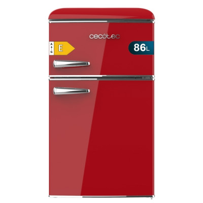 Cecotec Bolero CoolMarket 2D Origin 86 Red E Mini Frigorifico de Dos Puertas de 86L - Luz LED - Estilo Retro - Tirador Cromado - Cajon para Vegetales - 48.7x59.2x89.3cm - Color Rojo