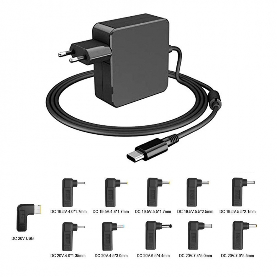 Cargador para portátil universal automático 65W Type-C / Incluye 19 conectores